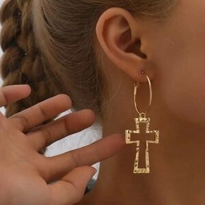 Golden Cross Hollow Out Dangle Earrings Minimalist Women Alloy 18K Gold Plated